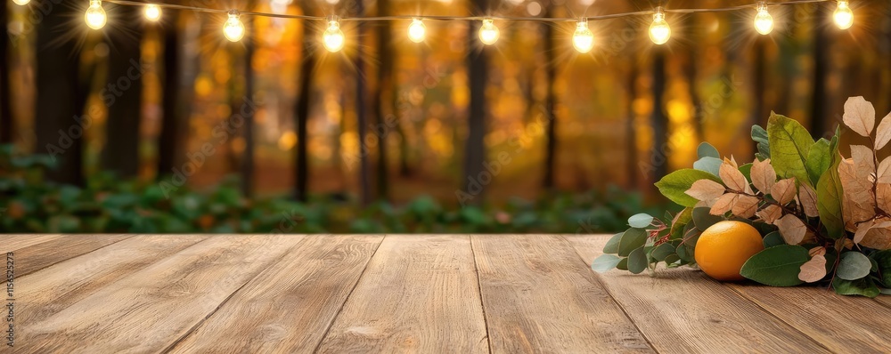 Poster rustic feast concept. a beautifully arranged table with autumn foliage and string lights in a forest