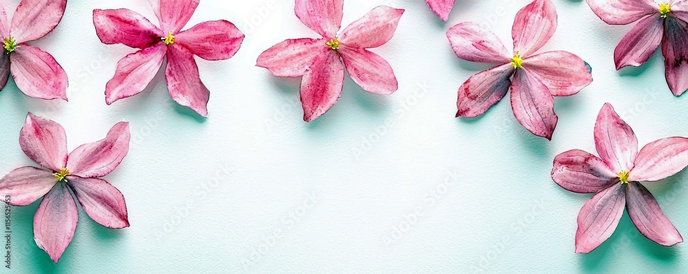 Poster delicate pink flowers on a soft blue background creating a serene and tranquil atmosphere for use in