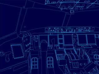 Blue airplane cockpit with a blue background. The cockpit is filled with buttons and switches. Scene is calm and focused