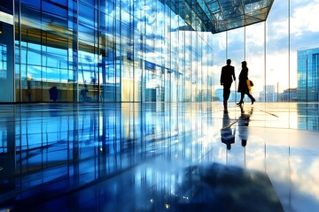 Businesspeople walking in modern office building. Success, teamwork, and collaboration concept.