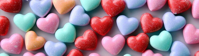 Fototapeta premium Colorful Heart-Shaped Candy on a Light Background, Ideal for Valentine's Day Celebrations, Parties, and Sweet Treats for Loved Ones and Friends