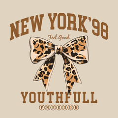 bow drawing with leopard pattern inside, new york slogan typography, vector illustration, for t-shirt graphic. © Graphicology