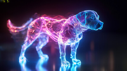 Hologram dog. Holographic projection of a dog. Flickering energy flux of particles. Scientific design animals.