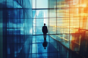 Fototapeta premium Businessman looking through glass wall at cityscape. Concept of success, future, and ambition.