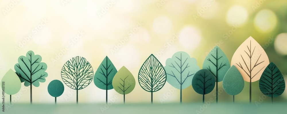 Poster foliage abstract background idea. stylized illustration of various trees with soft, blurred backgrou