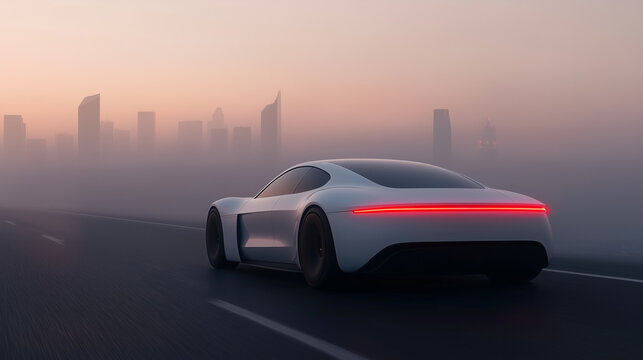 sleek white electric car drives on foggy road with city skyline in background, showcasing modern design and technology.