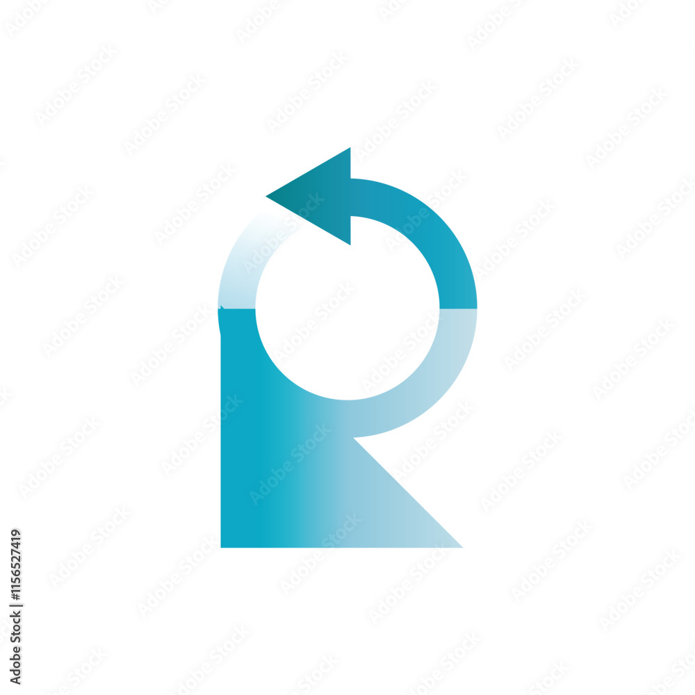 Poster this is a flat monogram design of an initial letter r in triangle with an encircling arrow in blue g