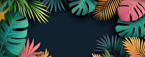 Foliage abstract background idea. Colorful tropical leaves arranged in a creative composition on a dark background.