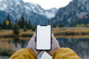 A close-up photograph of a smartphone with a white screen in the hands of someone, with the focus on the phone and hand, and a blurred mountains background
