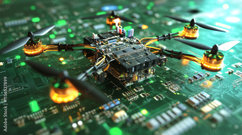 Poster circuit board in the form of a drone. microchip drone background. high-tech vector illustration of a