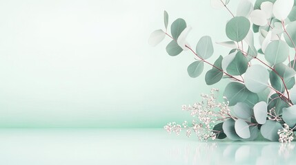 Foliage abstract background idea. Elegant eucalyptus leaves and delicate flowers on a serene mint green background.