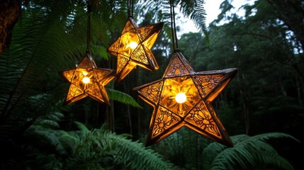 Golden star-shaped metal lanterns hanging in forest cluster, Matariki flax stars, Maori