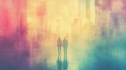 Fototapeta premium Abstract Double Exposure Blending with Faded Cityscape Background