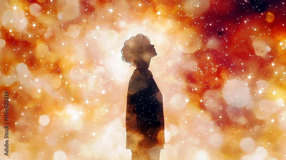 Poster silhouette of a person against a vibrant abstract background with stars and bokeh effects capturing 