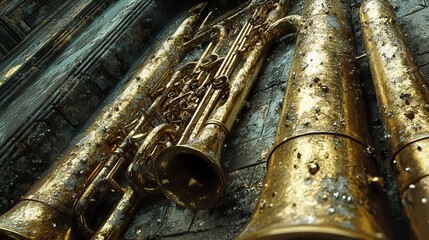 Naklejka premium Golden Trombone on Weathered Wall: Musical Still Life