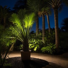 Moonlit Serenity: Trachycarpus Fortunei Silhouettes in a Calm Garden at Night
