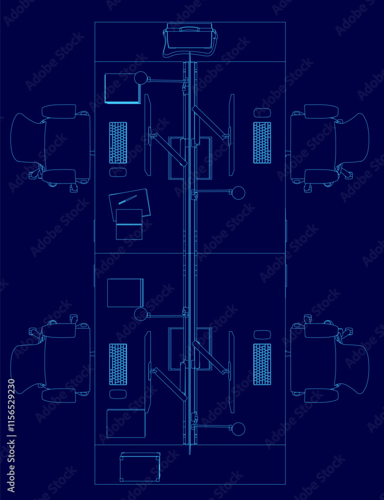 Poster blue drawing of a desk with four chairs and a computer. the chairs are arranged in a row and the des