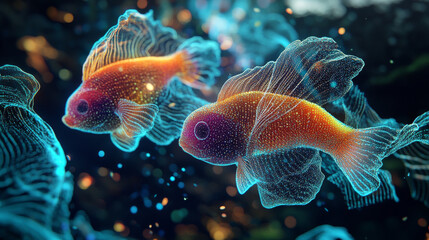 Obraz premium Hologram fish. Holographic projection fish. Flickering energy flux of particles. Scientific design animals.