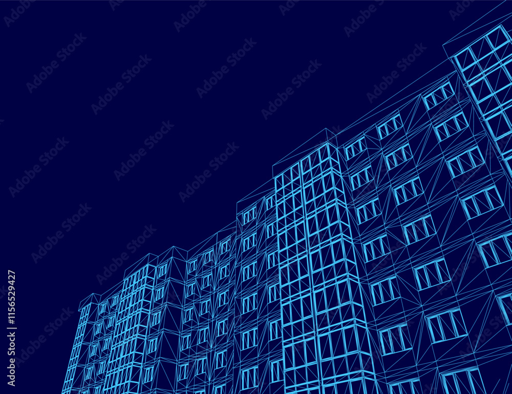 Poster blue drawing of a building with many windows. the building is tall and has a modern look