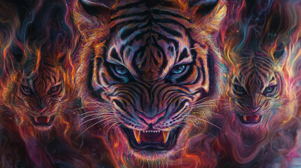 fiery elegance: a tiger and cubs in a vibrant, abstract world