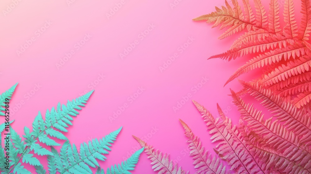 Poster foliage abstract background idea. vibrant ferns with contrasting colors against a gradient backgroun