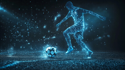 Football of the particles. Soccer is made up of dots and circles. Blue soccer player on dark background