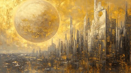 Obraz premium Golden Orb Dominates Futuristic Cityscape: Stunning Digital Painting in a Surreal Style. AI Generated