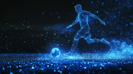 Naklejka premium Football of the particles. Soccer is made up of dots and circles. Blue soccer player on dark background