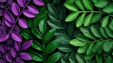 Fototapeta premium Foliage abstract background idea. Vibrant green and purple leaves create a lush, tropical atmosphere.