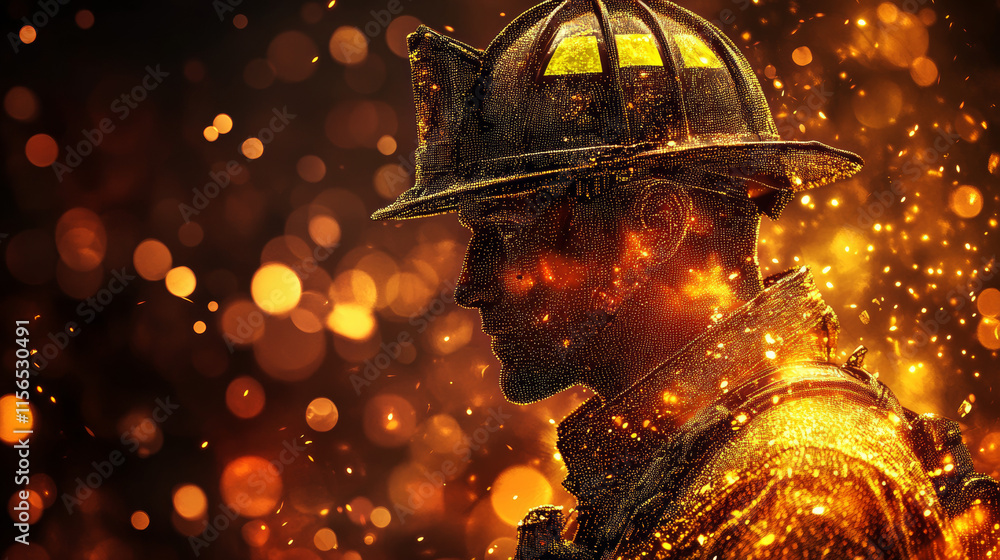 Poster firefighter of the particles. the fireman consists of dots and circles. vector illustration.