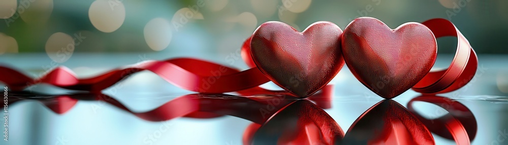Poster romantic heart shapes with red ribbon over a soft-focused background creating a dreamy atmosphere fo