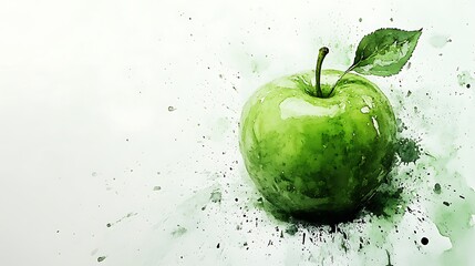 Vibrant Green Apple Watercolor Illustration: Close-Up, Impressionistic Style. AI Generated