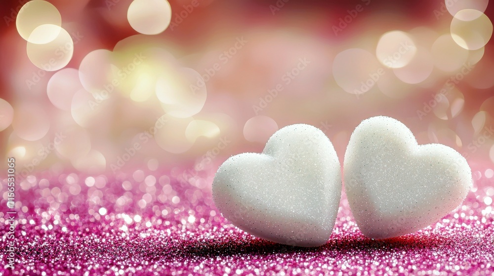 Aufkleber romantic sparkling hearts on a soft pink glittery background with colorful bokeh lights creating a d
