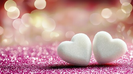 Fototapeta premium Romantic sparkling hearts on a soft pink glittery background with colorful bokeh lights creating a dreamy atmosphere for love and affection themes
