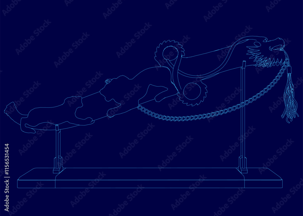 Poster blue image of a sword with a chain around it. the sword is on a stand and the chain is wrapped aroun