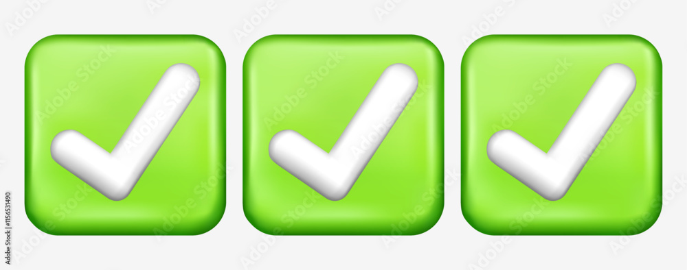Poster green check marks 3d. green tick. correct. trendy symbol sign. hand drawn. doodle. vector. grunge te
