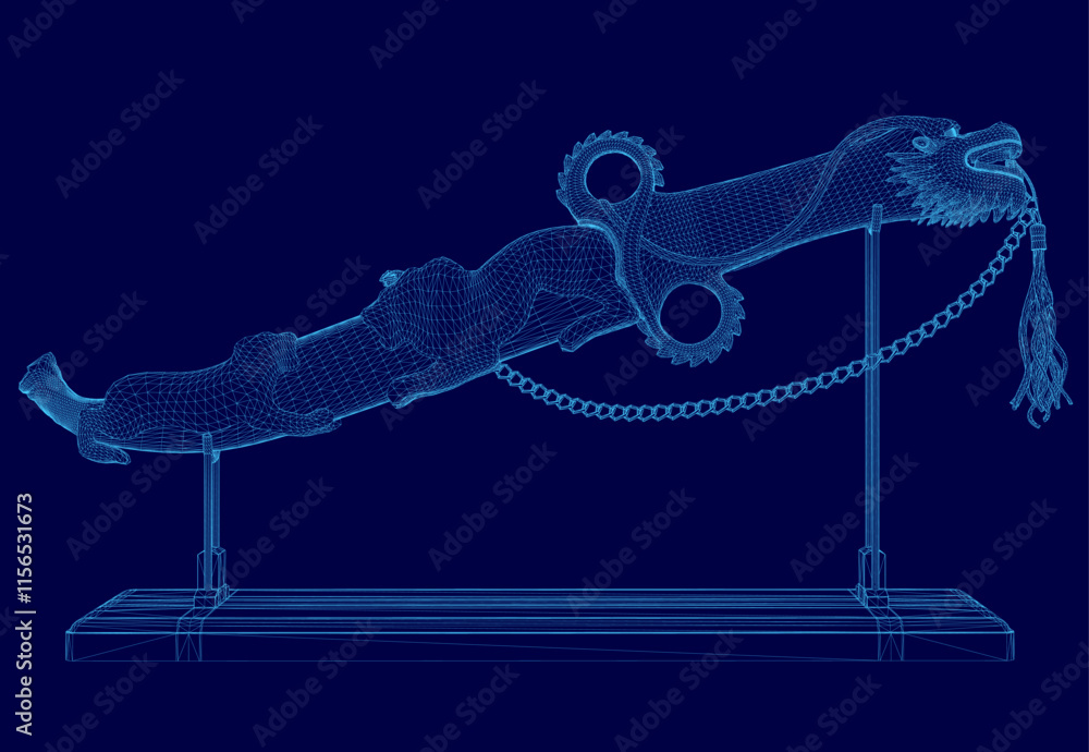 Poster blue image of a sword with a chain around it. the sword is on a stand and the chain is wrapped aroun