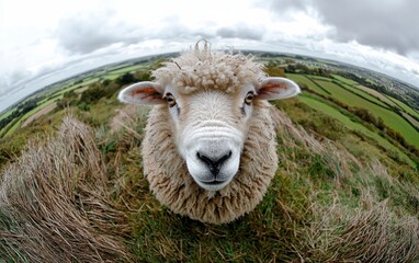 Obraz premium A sheep looking directly at the camera, with a fisheye lens effect creating a wide field of view.