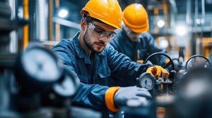 Technicians assembling a complex network of pipes in a refinery, valves and pressure gauges visible 