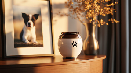 Ceramic Pet Urn with Paw Print Design on Wooden Surface in Cozy Indoor Memorial Setting.