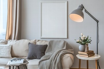 Cozy Living Room Interior with Beige Sofa and Floor Lamp