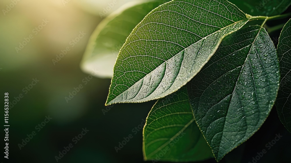Poster foliage abstract background idea. close-up of lush green leaves with intricate textures and sunlight