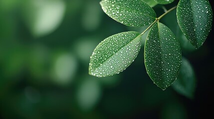 Foliage abstract background idea. Close-up of dewy green leaves displaying fresh droplets of water on a blurred background.