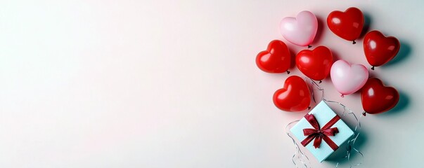 Valentine's Day Celebration with Heart-Shaped Balloons and Gift Box on Soft Pink Background for Romantic Occasions and Love Events