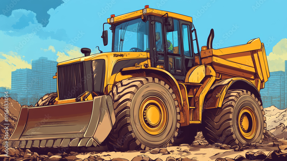 Poster front loader from the particles. front loader consists of circles and points. vector illustration.