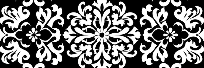 A decorative black and white floral pattern featuring intricate designs.