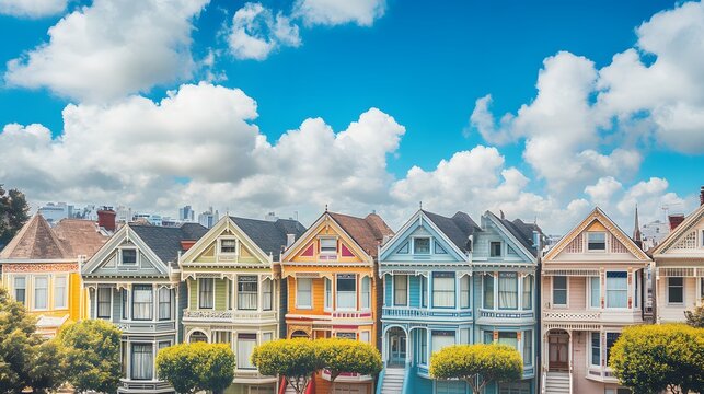 Colorful Victorian Houses Line a Sunny Street - Powered by Adobe