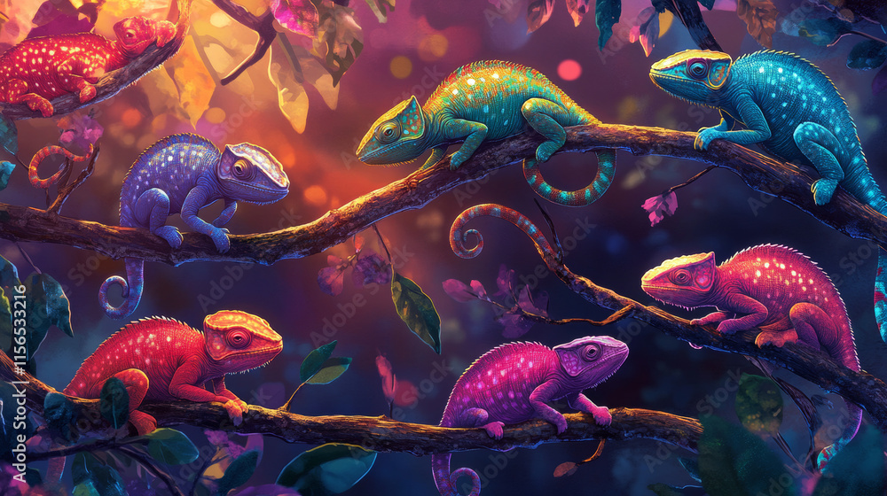 Poster Vector seamless background of chameleons. Chaotic chameleons on the branches