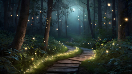 magical forest scene with a winding path illuminated by glowing fireflies and soft moonlight filtering through the trees