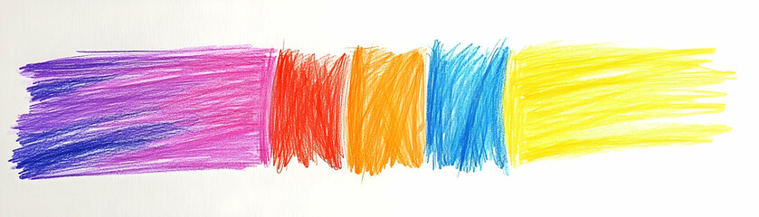 Fototapeta premium Vibrant Rainbow Colored Pencil Strokes on White Paper: A Colorful Abstract Art Displaying a Spectrum of Hues in a Horizontal Banner Format.